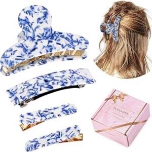 New! “SunCharm” White & Blue Hair Clips / Barrettes / Claw Set W/ Daisy Organza